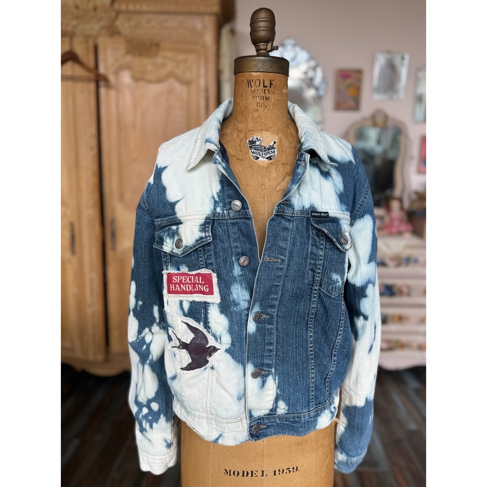 Upcycled Denim Jacket Crow Patch Indivisible Medium Folk Art - Picture 8 of 9